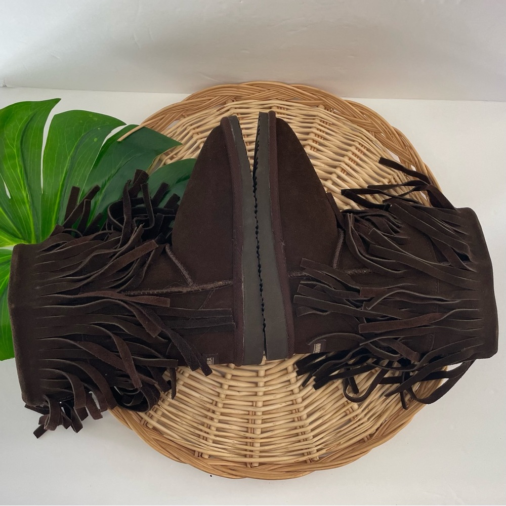 Minnetonka NWOT Moccasin brown suede fringe hippie boho faux fur boots size 6 - Picture 4 of 14